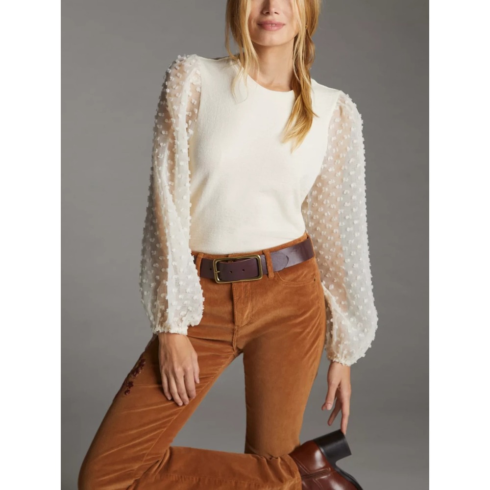 Maeve By Anthropologie Blouse Womens XS White Sheer Dot Balloon Sleeve Top